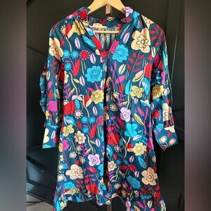 Colorful Floral Tunic Dress - Navy Base with Multicolor Blooms